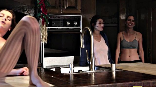 Erotic lesbian rubbing clit in stockings while babes watch