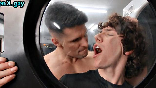 Public twink barebacked in laundry by manly jock