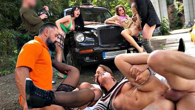 Stunning nympho taxi babes banged in group by drivers