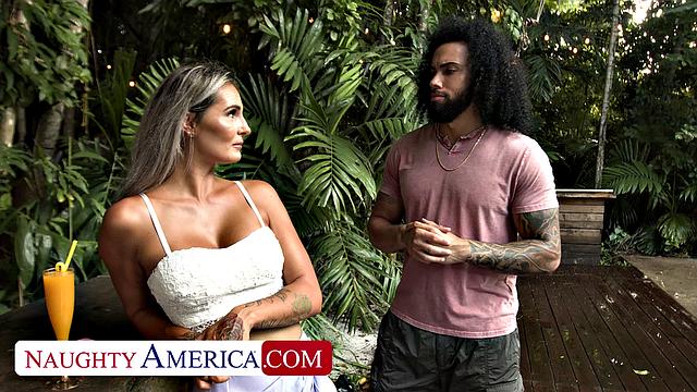 Busty blonde Mandy Rhea fucks friend's boyfriend's big cock on vacation