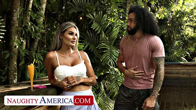 Busty blonde Mandy Rhea fucks friend's boyfriend's big cock on vacation