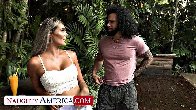 Busty blonde Mandy Rhea fucks friend's boyfriend's big cock on vacation