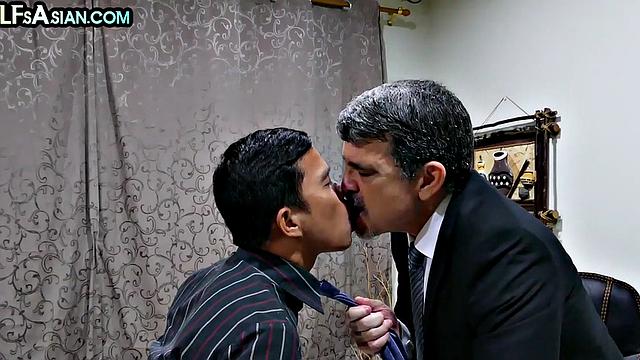 Asian twink barebacking DILF at the office