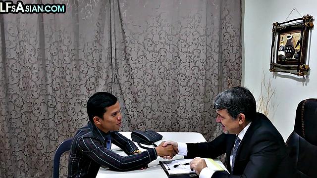 Asian twink barebacking DILF at the office