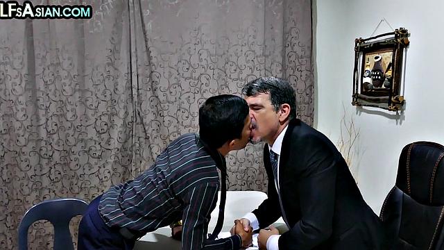 Asian twink barebacking DILF at the office