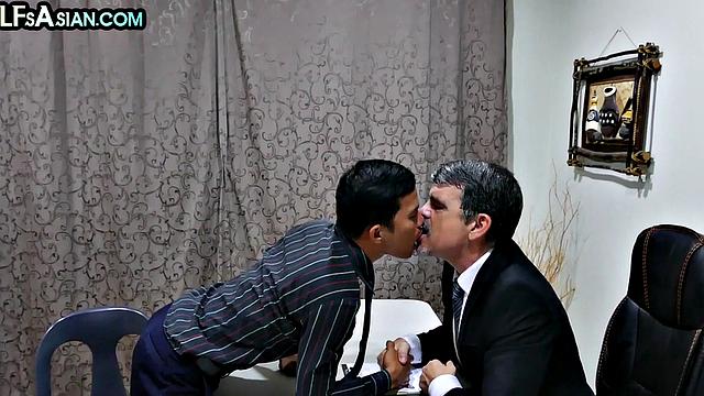 Asian twink barebacking DILF at the office