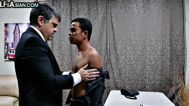 Asian twink barebacking DILF at the office