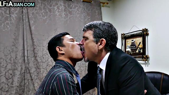 Asian twink barebacking DILF at the office