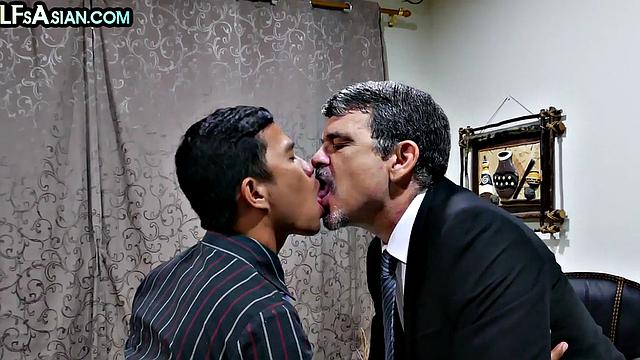 Asian twink barebacking DILF at the office