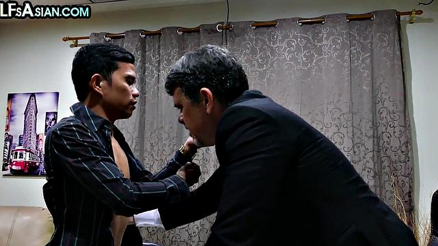 Asian twink barebacking DILF at the office