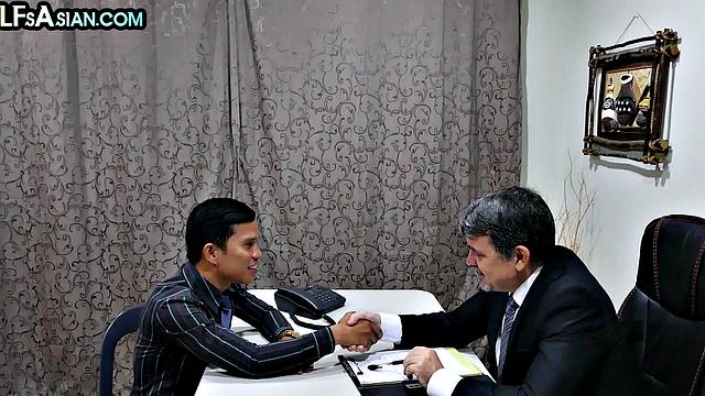 Asian twink barebacking DILF at the office