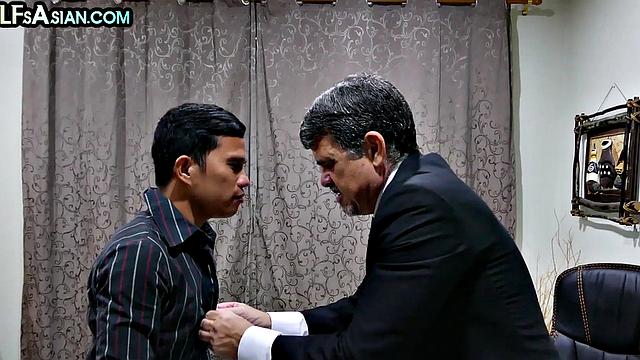 Asian twink barebacking DILF at the office