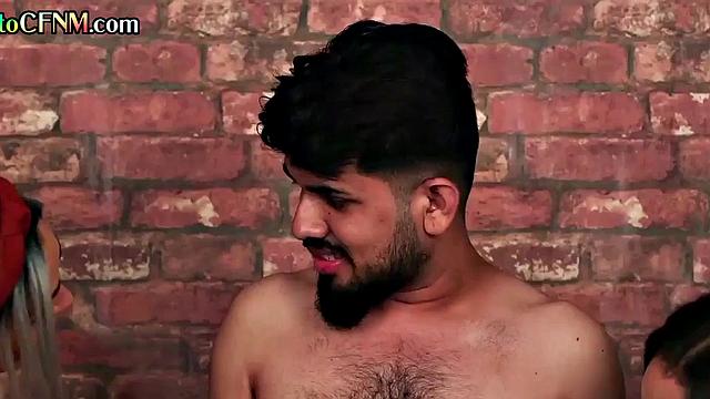 Sportive CFNM group jerk circle