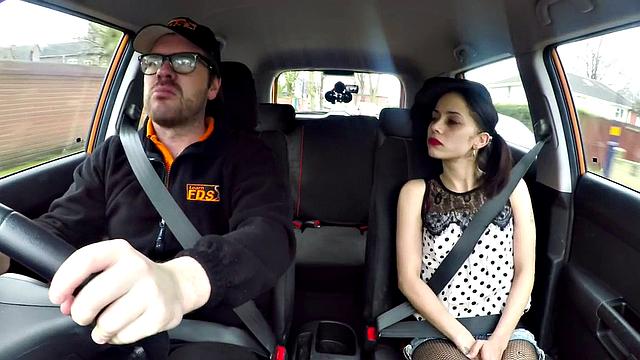 A tattooed teen with small tits ride her instructor's hard cock in doggystyle with glasses on