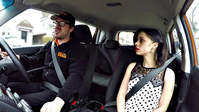 A tattooed teen with small tits ride her instructor's hard cock in doggystyle with glasses on