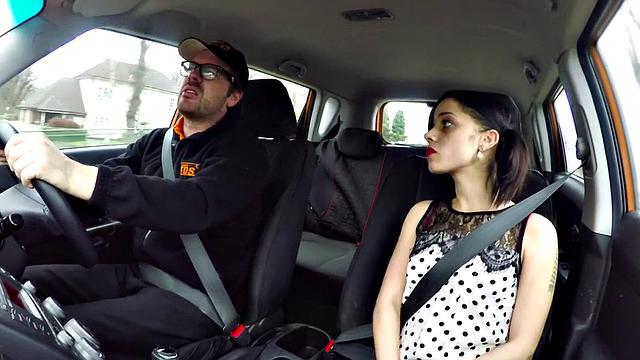 A tattooed teen with small tits ride her instructor's hard cock in doggystyle with glasses on