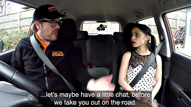 A tattooed teen with small tits ride her instructor's hard cock in doggystyle with glasses on