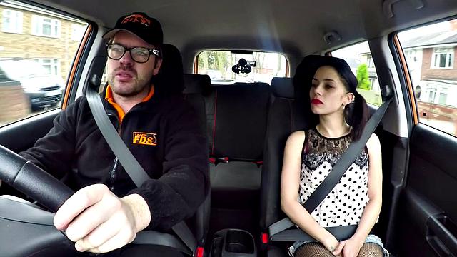 A tattooed teen with small tits ride her instructor's hard cock in doggystyle with glasses on