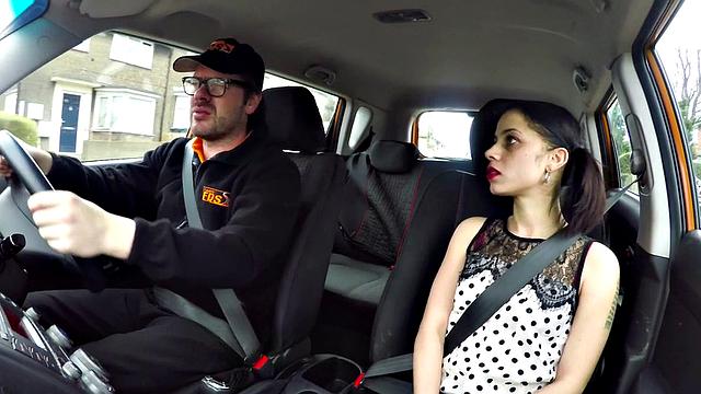 A tattooed teen with small tits ride her instructor's hard cock in doggystyle with glasses on