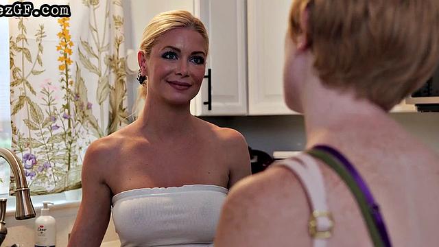 Lez inked MILF licking and fingering in 3way on sofa