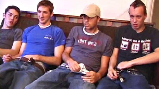 The boys have gathered to give Roar a little surprise. Each boy starts stroking solo to the moans on the porn video. They take their clothes off at different times and, before you know it, there are four naked boys with throbbing cocks.