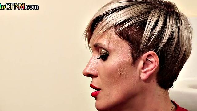 Toilet CFNM amateur domina with tattoos wanks cock