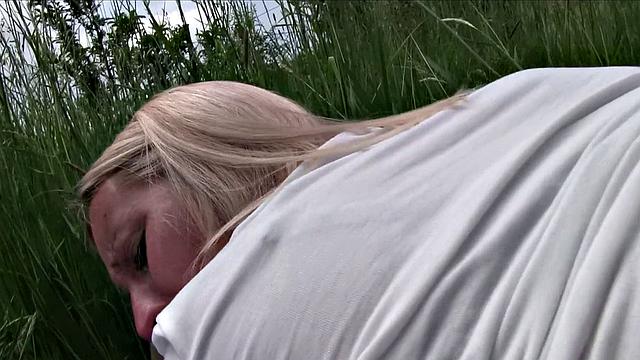 Watch this blonde bombshell bounce her tits while riding a hard cock in denim shorts and panties