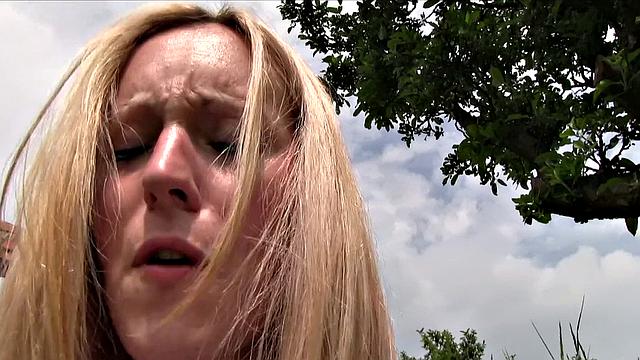 Watch this blonde bombshell bounce her tits while riding a hard cock in denim shorts and panties