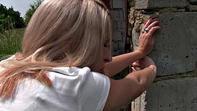 Watch this blonde bombshell bounce her tits while riding a hard cock in denim shorts and panties