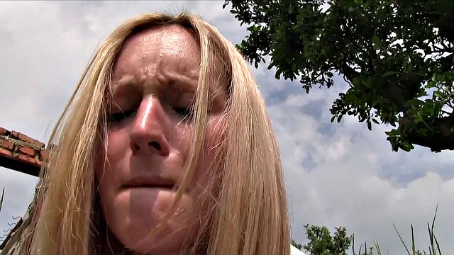 Watch this blonde bombshell bounce her tits while riding a hard cock in denim shorts and panties