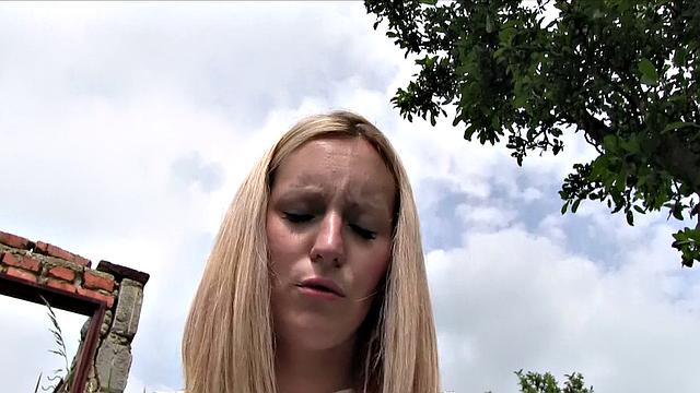 Watch this blonde bombshell bounce her tits while riding a hard cock in denim shorts and panties