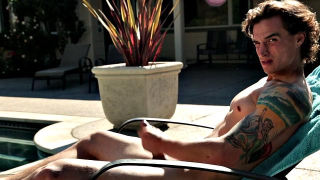 Sixpack jock solo masturbates on sunbed outdoors