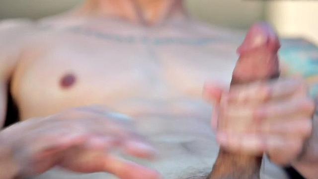 Sixpack jock solo masturbates on sunbed outdoors