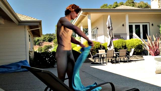 Sixpack jock solo masturbates on sunbed outdoors