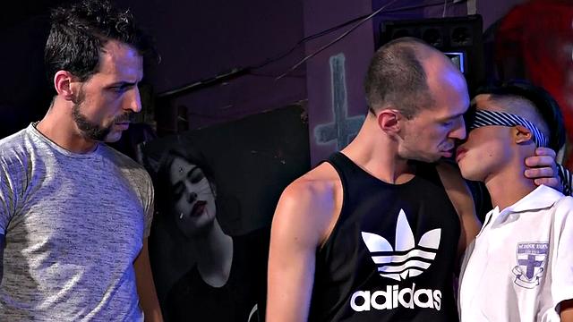 Twink Latino spitroasted by DILFs after rimjob