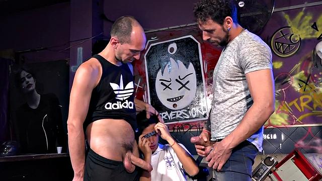 Twink Latino spitroasted by DILFs after rimjob