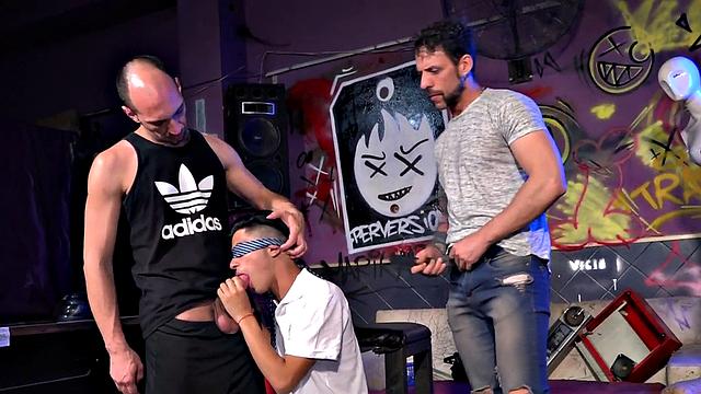 Twink Latino spitroasted by DILFs after rimjob