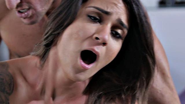 Big Tit Brunette Loves Getting Choked While Her Pussy Rammed Hard