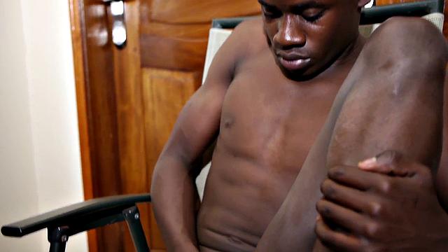 Real African twink jerks his black cock till cumshot