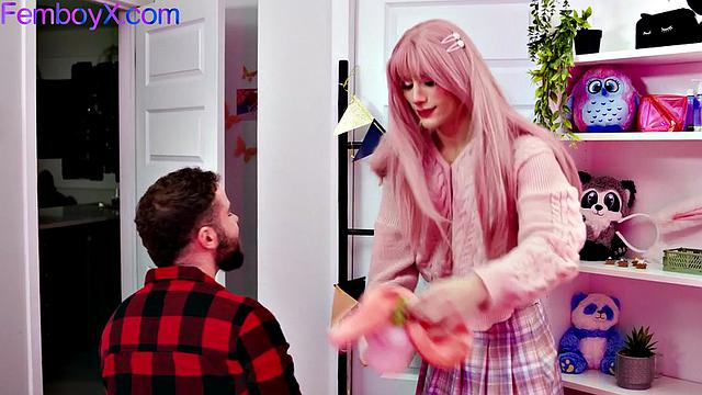 Pinkhair femboy gets fucked by bearded partner