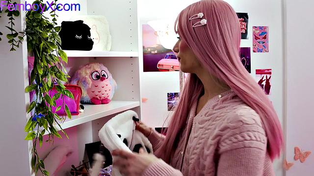 Pinkhair femboy gets fucked by bearded partner