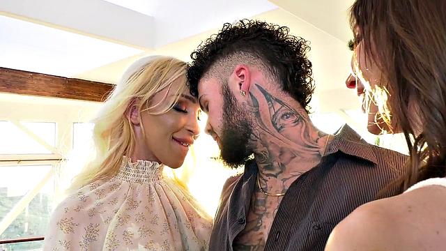 Trans stunning lovers in stockings banging in 3some