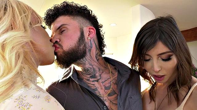 Trans stunning lovers in stockings banging in 3some