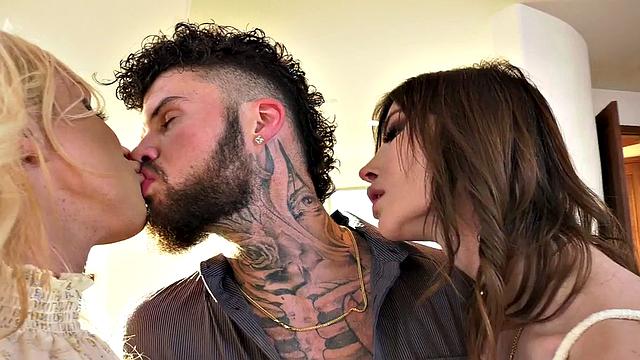 Trans stunning lovers in stockings banging in 3some