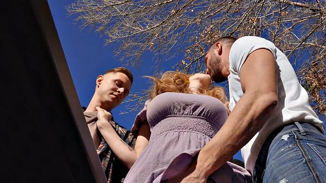 Busty nympho gangbanged and facialised by group of guys