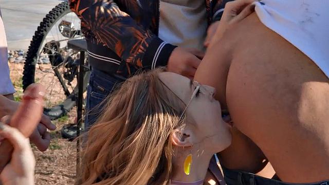 Busty nympho gangbanged and facialised by group of guys