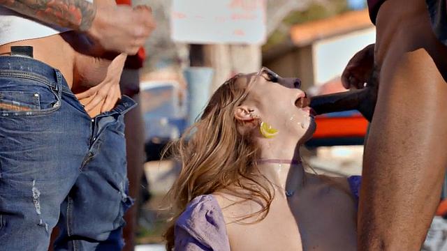 Busty nympho gangbanged and facialised by group of guys