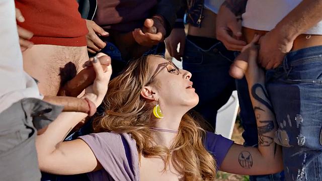 Busty nympho gangbanged and facialised by group of guys