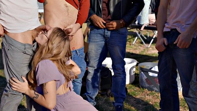 Busty nympho gangbanged and facialised by group of guys