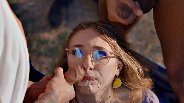 Busty nympho gangbanged and facialised by group of guys